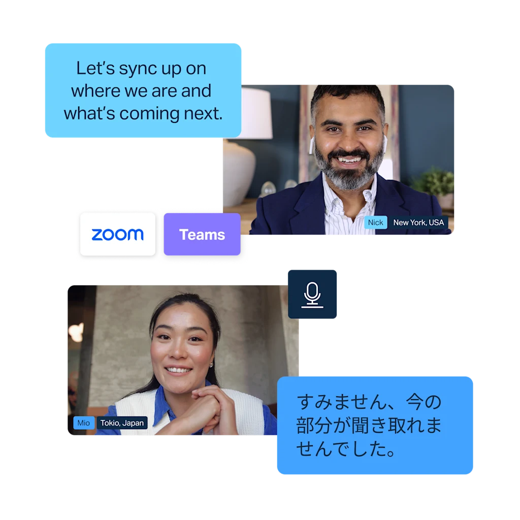 Une femme et un homme participent à une visioconférence sur Zoom ou Teams. Elle parle japonais et dit qu’elle n’a pas compris ce qu’il vient de dire, tandis qu’il parle anglais et dit : « Mettons-nous d’accord sur l’état d’avancement et la suite des opérations ».