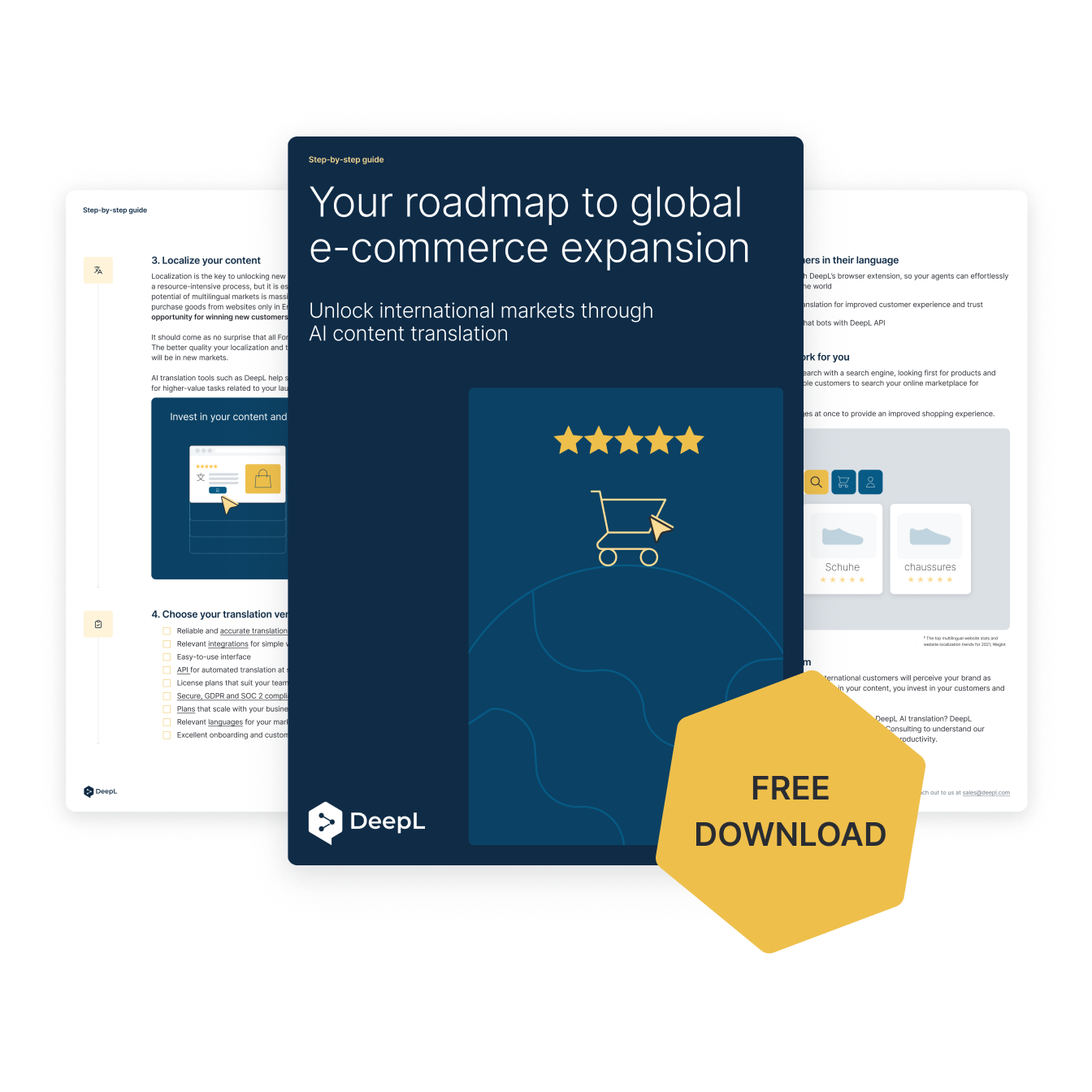 Een digitaal boekje met de titel "Your roadmap to global e-commerce expansion" met als ondertitel "Unlock international markets through AI content translation." Op de omslag staat een afbeelding van een winkelwagentje met vijf sterren erboven. Het boekje is voorzien van het DeepL-logo en een "FREE DOWNLOAD" badge. Op de achtergrond zijn pagina's met tekst en afbeeldingen te zien.
