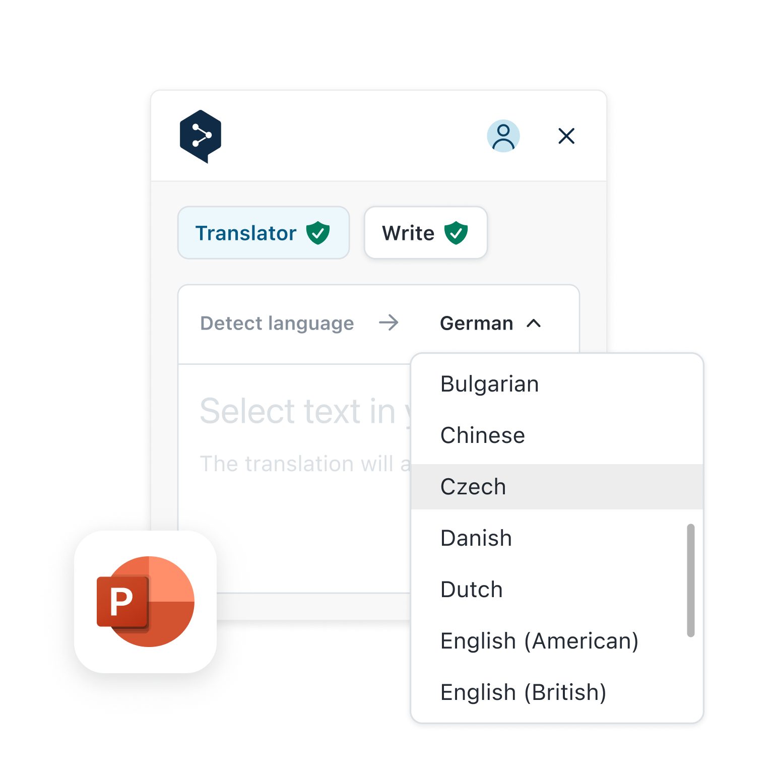 Captura de pantalla de la integración DeepL para PowerPoint que muestra un menú desplegable con idiomas. En el menú aparecen múltiples idiomas: búlgaro, chino, checo, danés, neerlandés e inglés (americano y británico). La interfaz incluye las opciones «Translator» y «Write» que permiten al usuario puede escoger entre las distintas funcionalidades según sus necesidades de IA lingüística.