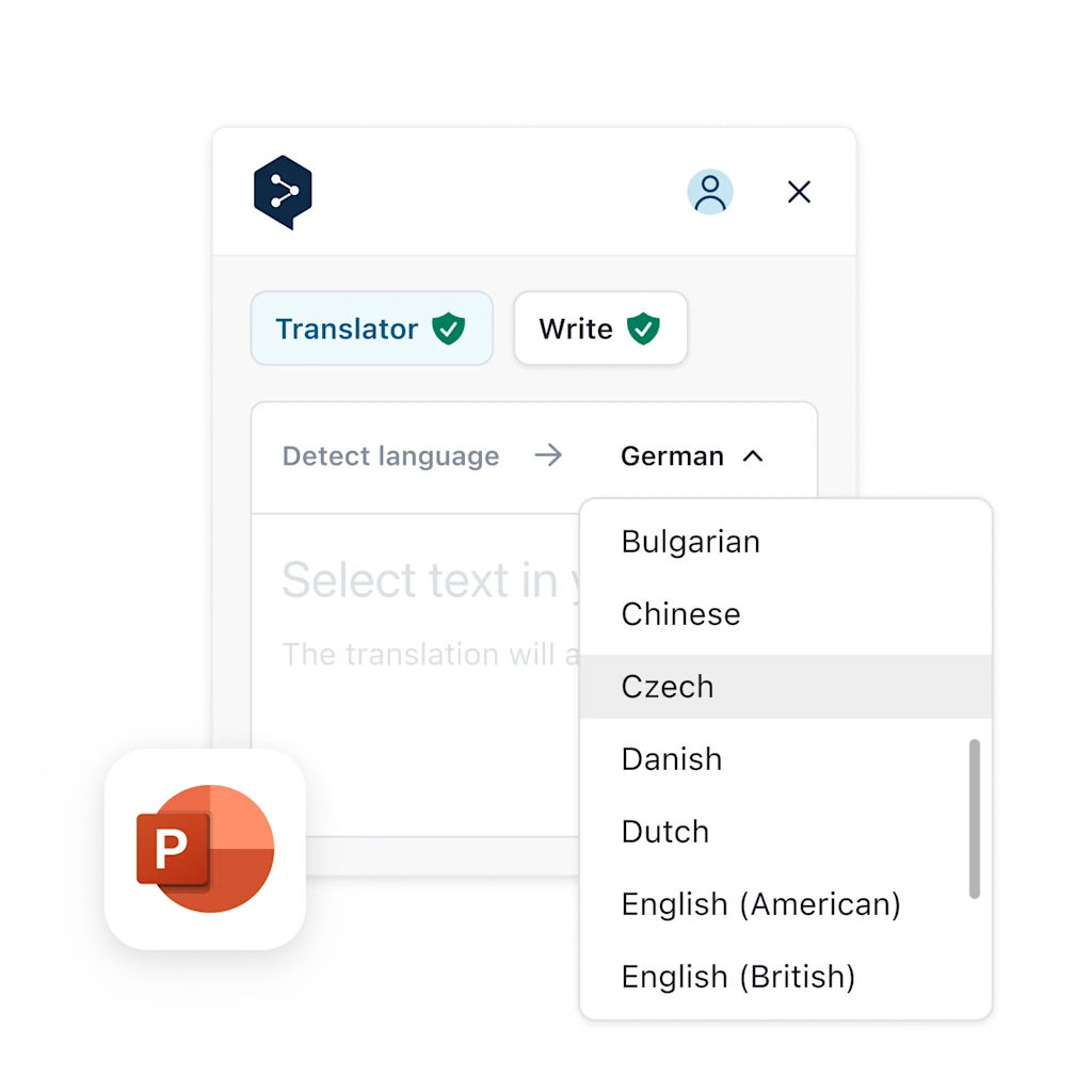 Capture d’écran de l’interface de l’intégration de DeepL pour Powerpoint affichant un menu de sélection de la langue. Le menu propose plusieurs langues, dont le bulgare, le chinois, le tchèque, le danois, le néerlandais et les variantes de l'anglais (américain et britannique). L'interface comprend des options « Traducteur » et « Write » pour permettre aux utilisateurs de choisir entre différentes fonctionnalités pour répondre à leurs besoins en matière d'IA linguistique.