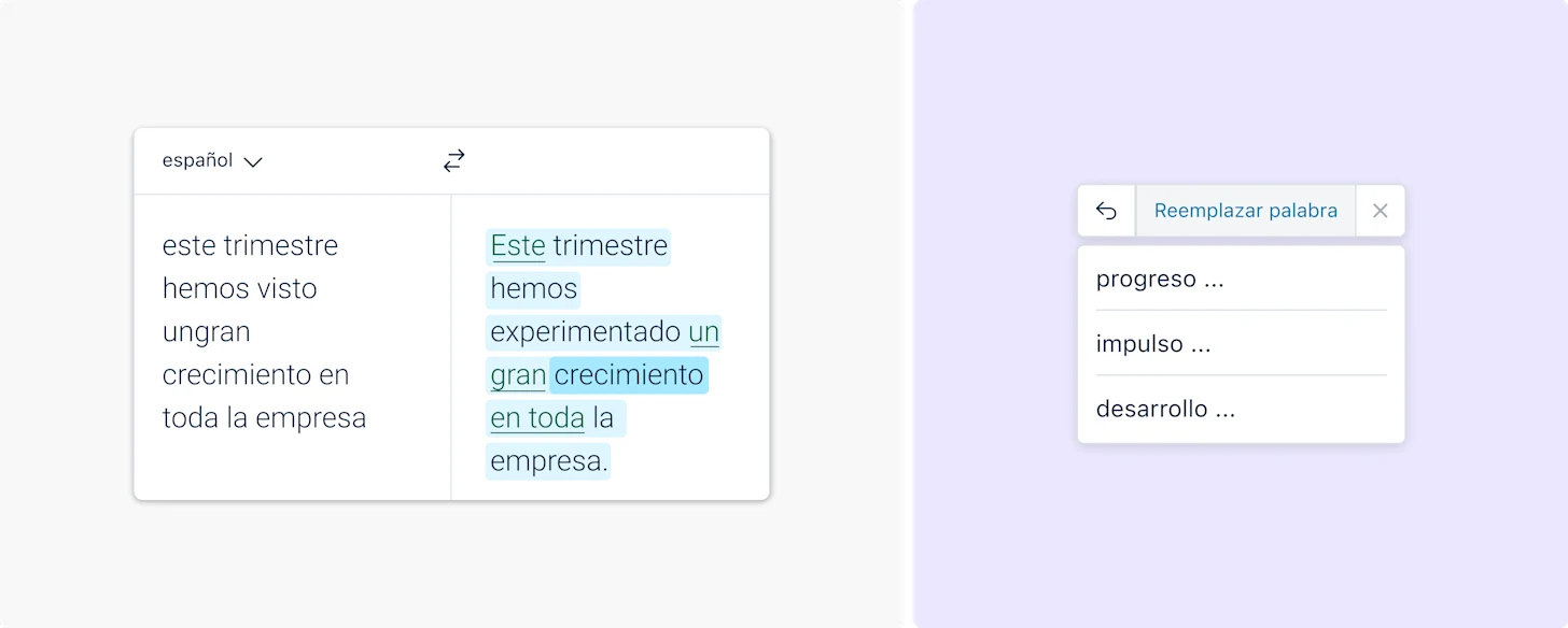 Ilustración que muestra una frase con errores de ortografía corregidos por nuestro asistente de escritura