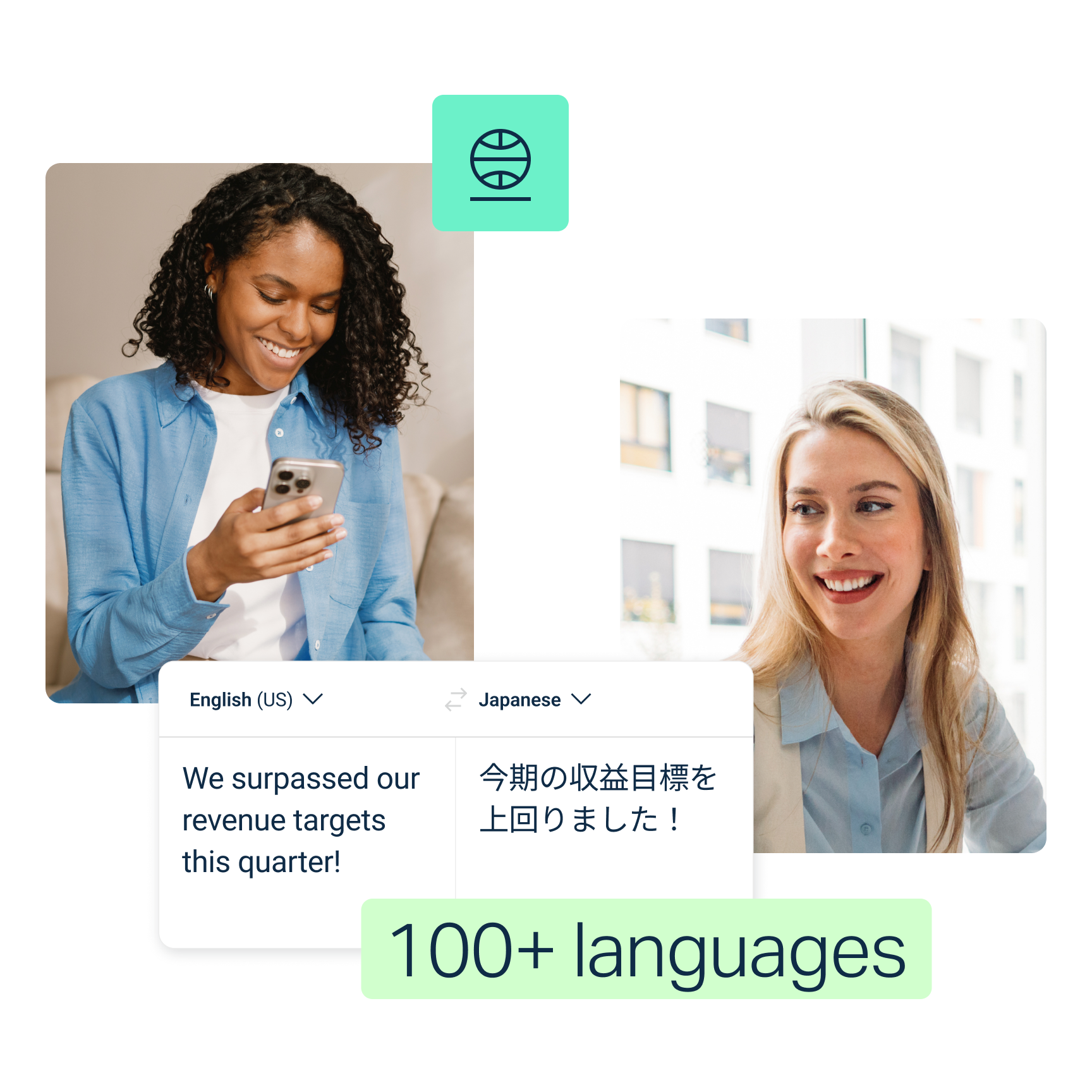 Text obsahuje větu v angličtině (US), „We surpassed our revenue targets this quarter!“ a její překlad do japonštiny. Na štítku dole je uvedeno „více než 30 jazyků“.