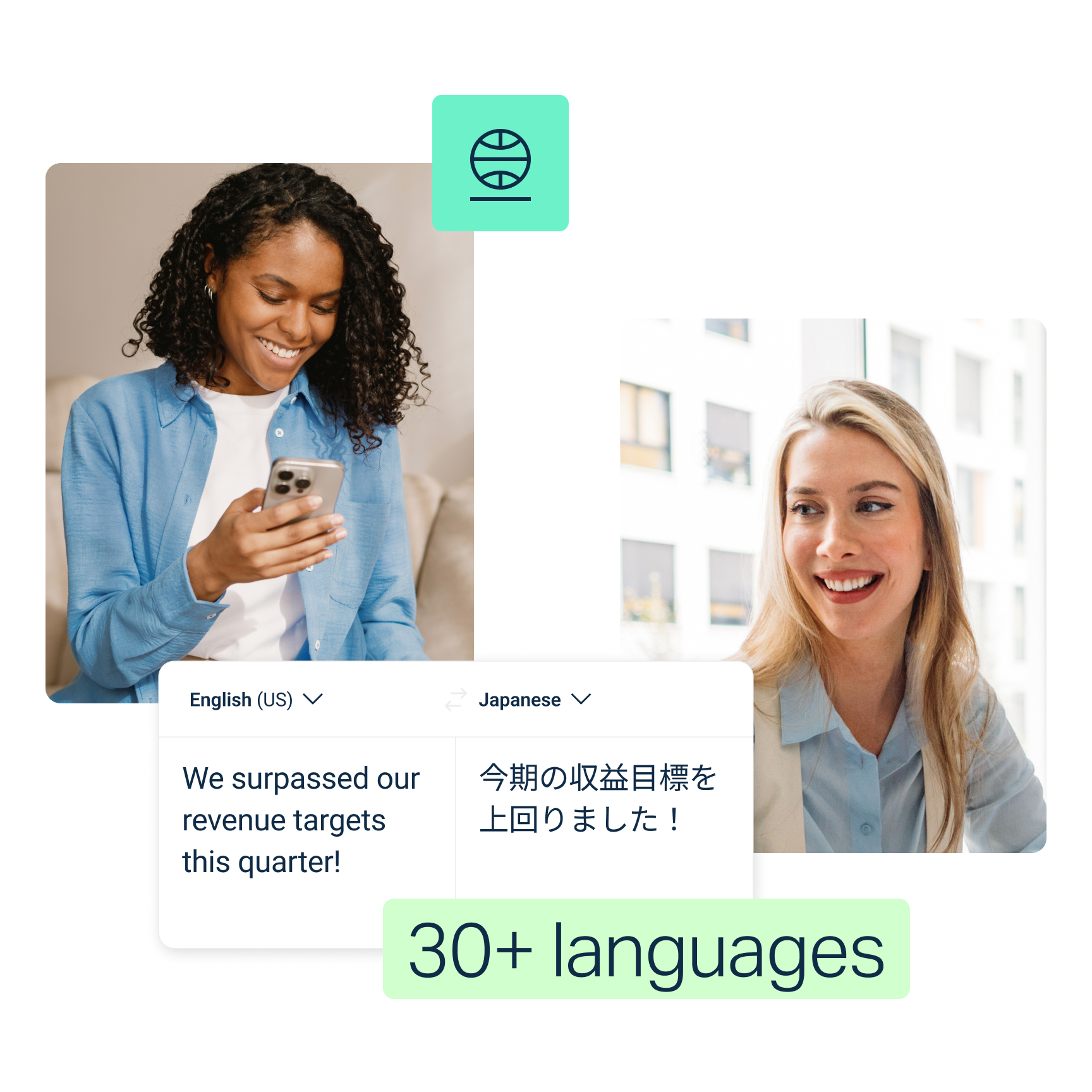 Texten lyder "Vi överträffade våra intäktsmål detta kvartal!" på engelska (USA) och dess översättning på japanska. På en etikett längst ner står det "30+ språk".