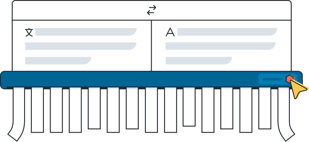 An illustration of a completed DeepL translation being virtually “shredded” to represent data protection