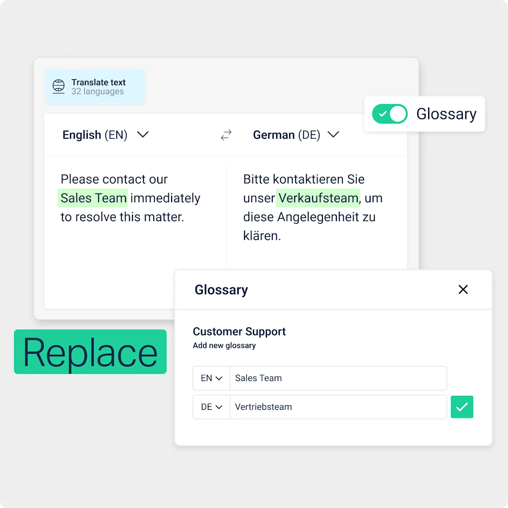 Glossary UI translating "Please contact our Sales Team immediately to resolve this matter" English to German and a UI for replacing "Sales Team" to German.
