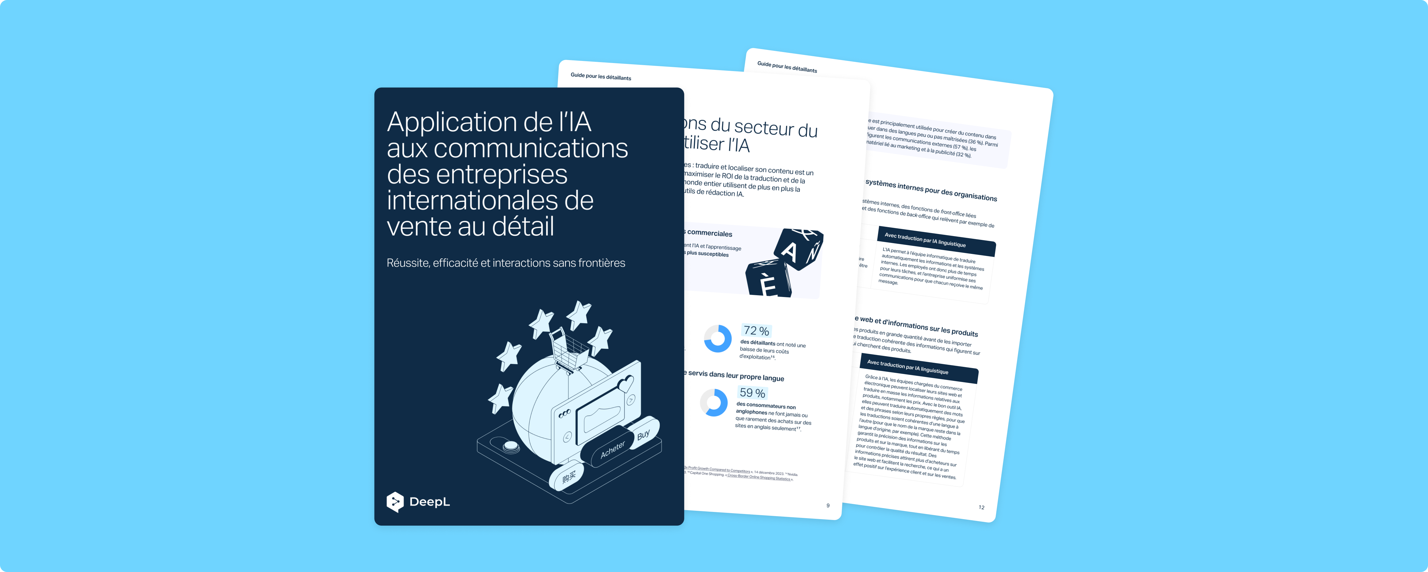 Trois pages du guide pour les détaillants sur fond bleu