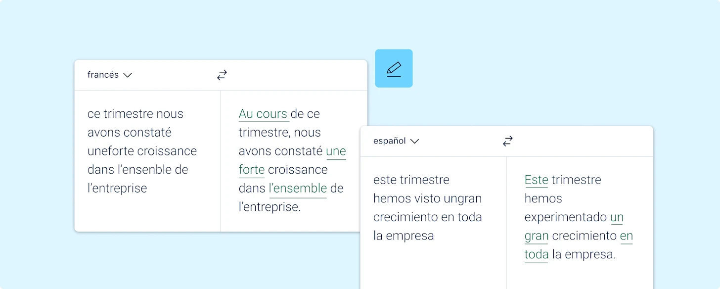 Ilustración de la interfaz de DeepL Write que muestra un ejemplo de correcciones ortográficas para redactar mejor en español y en francés