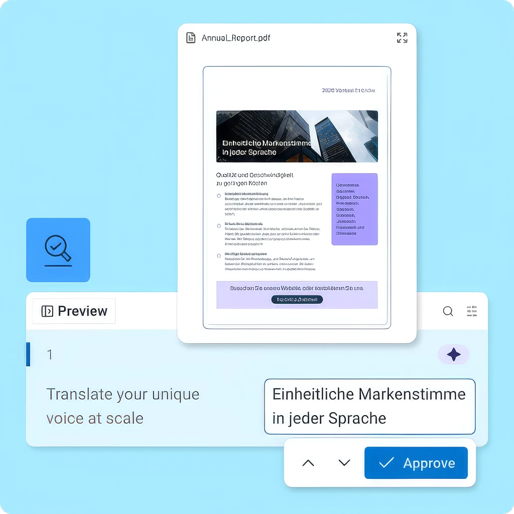 Image composite showing a PDF and the Translation Flow UI of a snippet being previewed and reviewed with an approval.