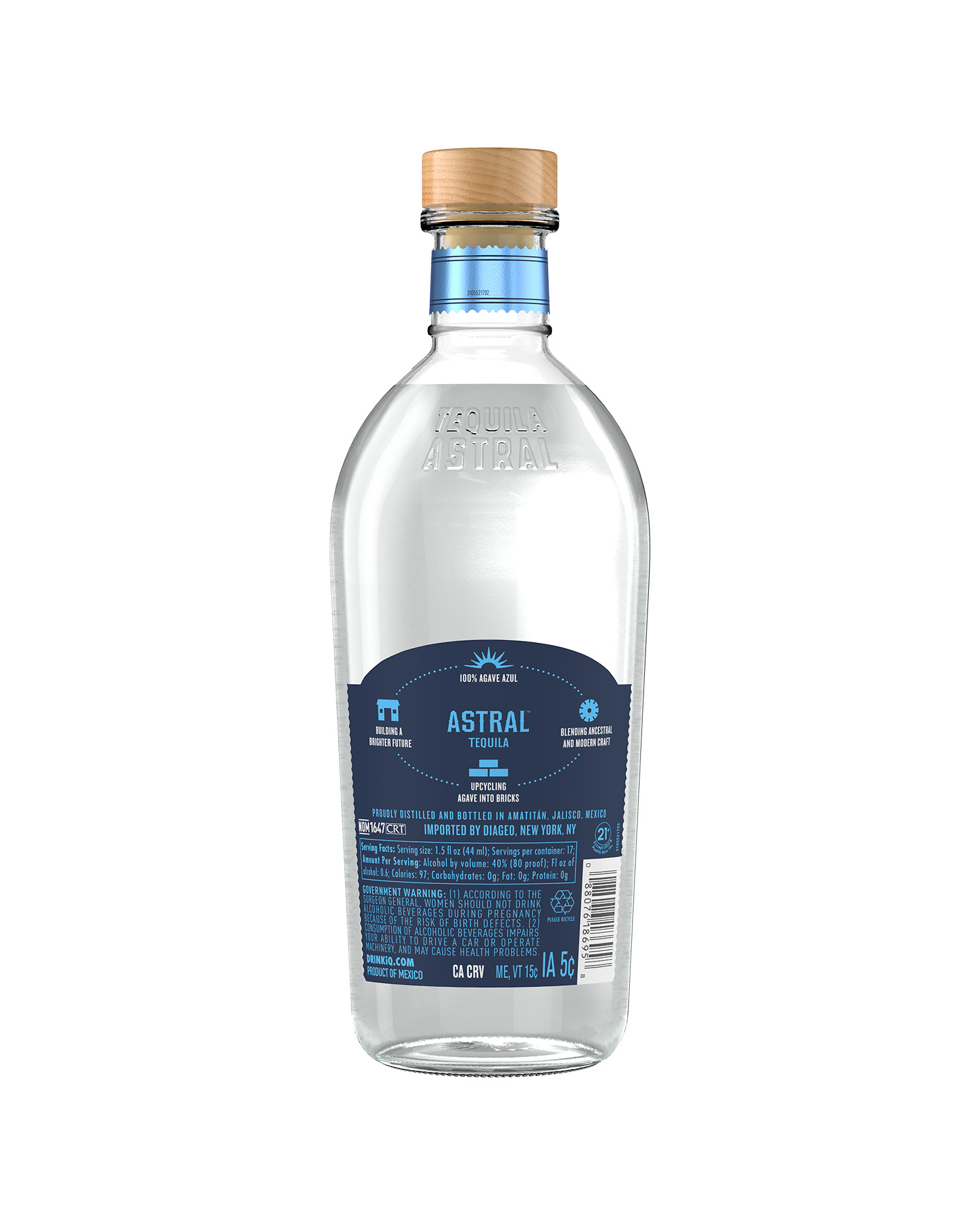 The back lable of a bottle of Astral Tequila Blanco