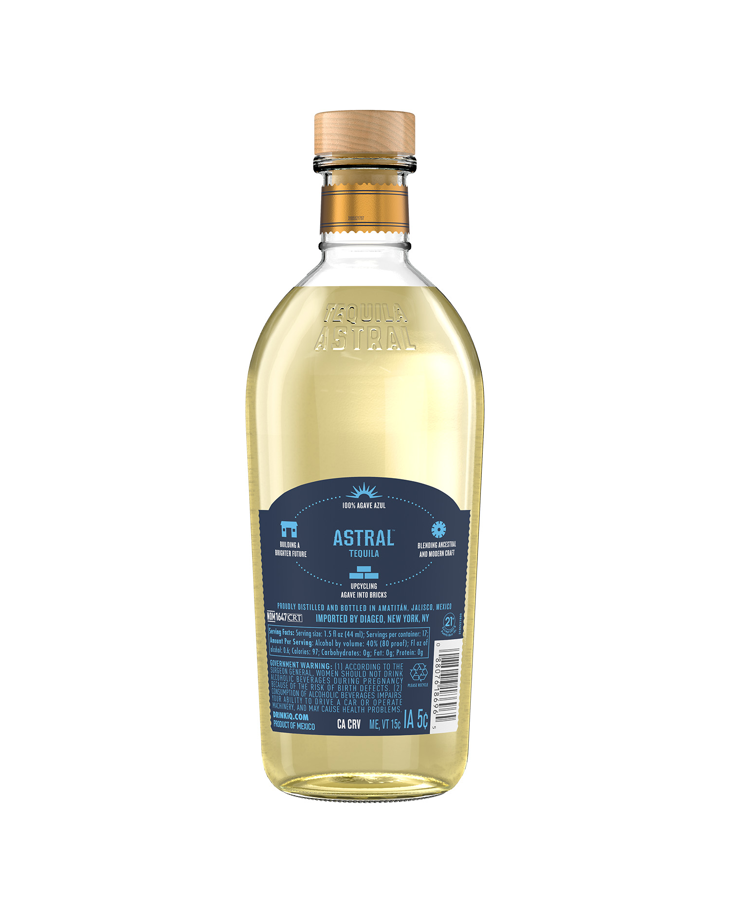 The back of a Astral Tequila Reposado bottle