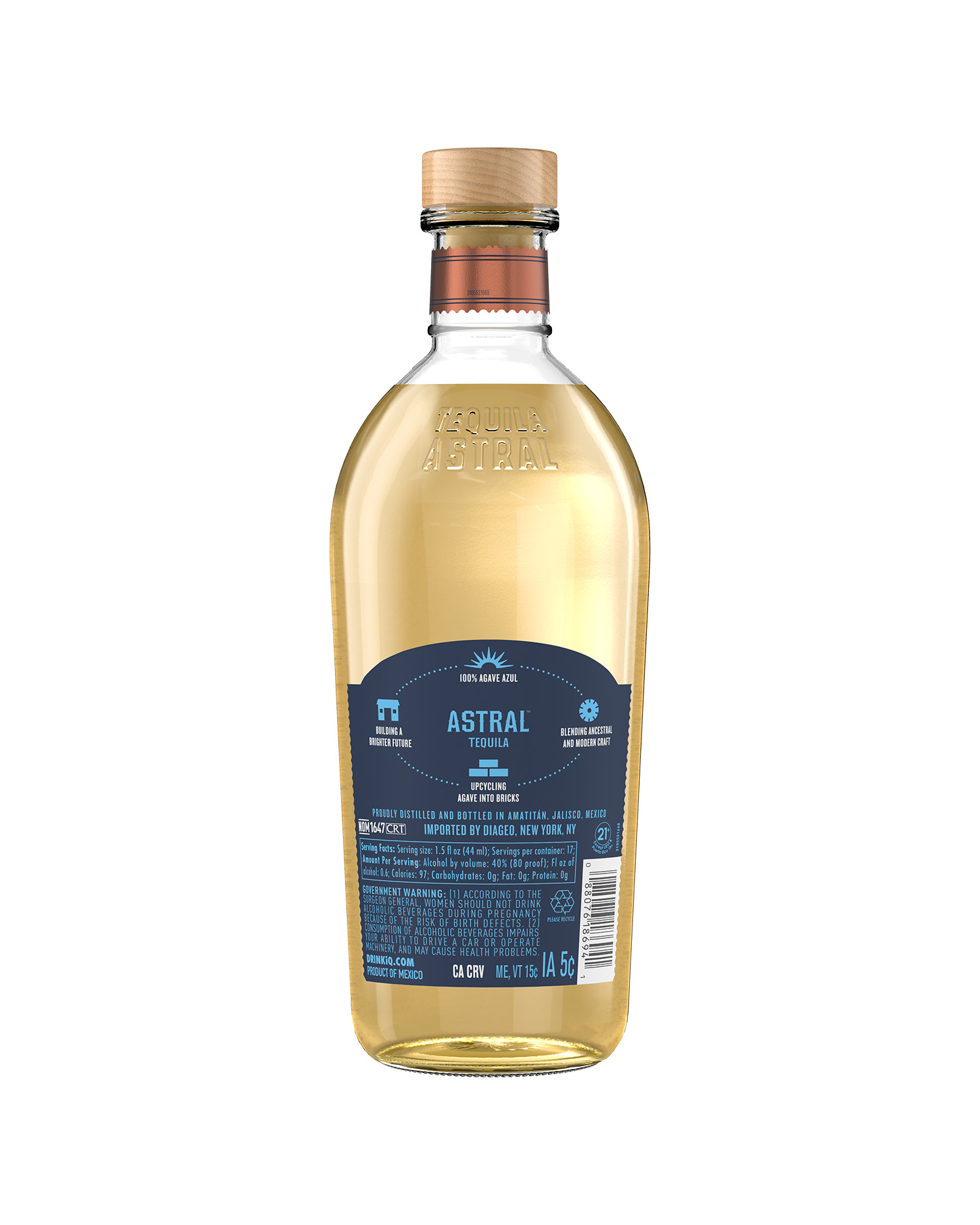 Astral Añejo Tequila back view of bottle.