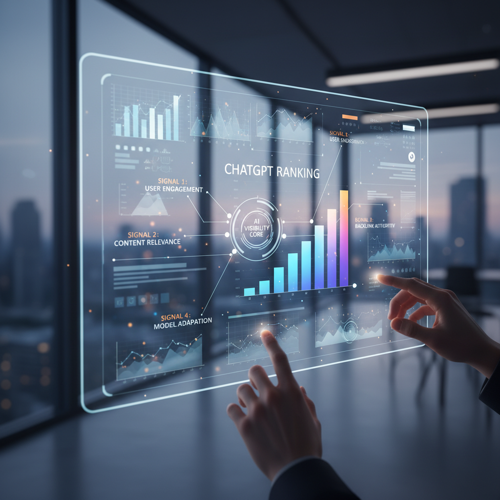Illustration showing ranking features ChatGPT evaluates, including structured data signals and brand authority on an AI platform