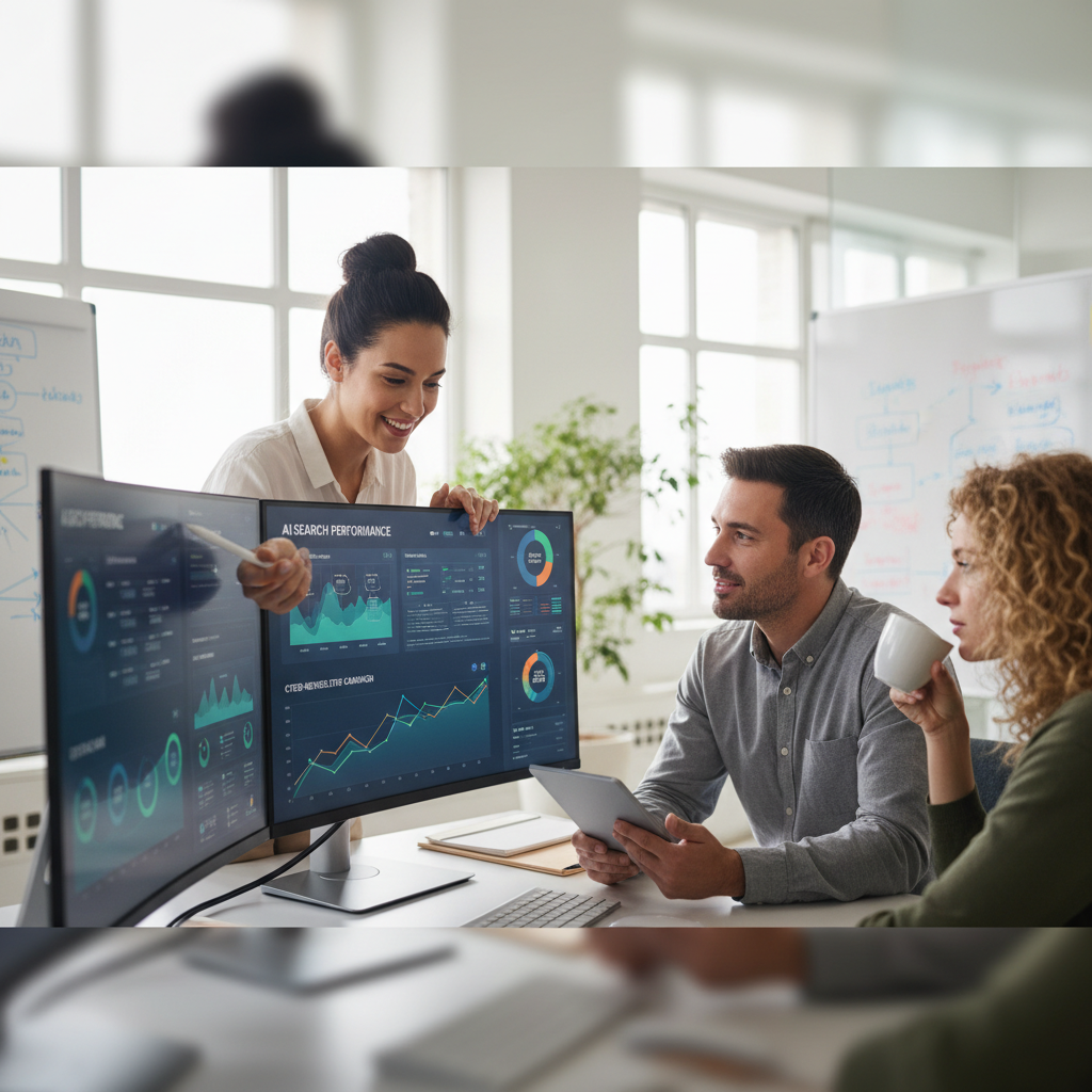 Marketing professionals analysing AI search performance metrics, reflecting insights from the cited-newsletter on GEO visibility strategies