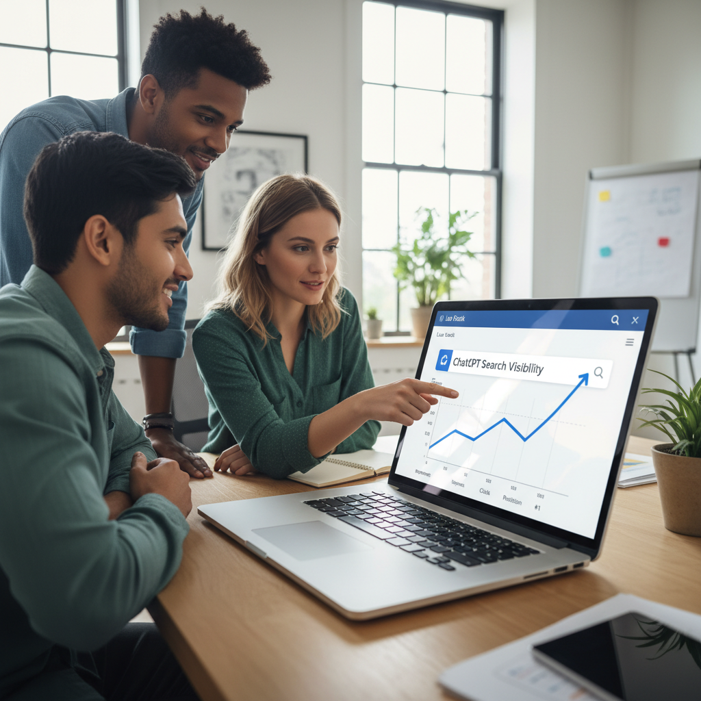 Marketing professional reviewing Lua Rank ChatGPT ranking progress and competitor benchmarking data on a laptop screen