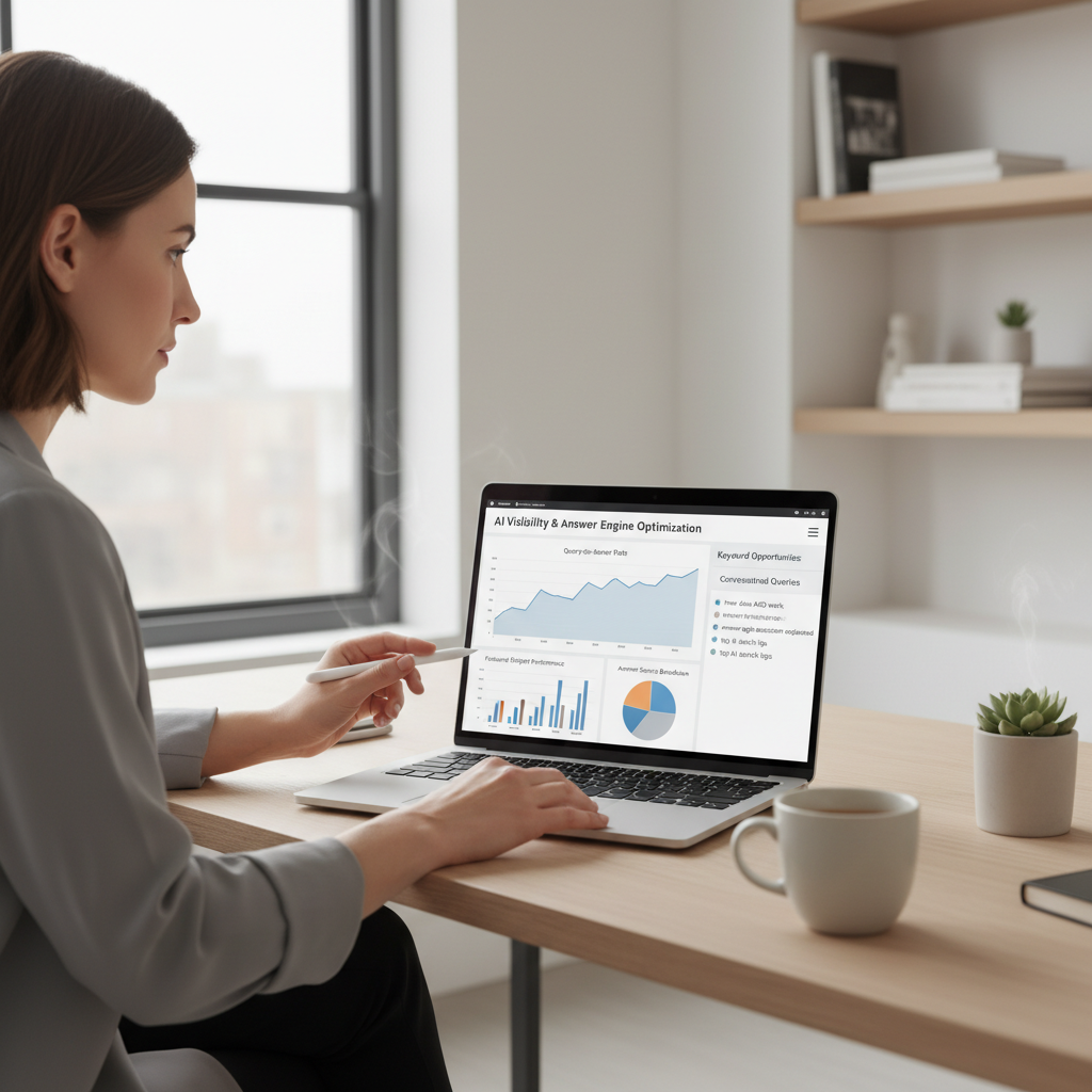 Marketing professional reviewing AI visibility metrics on a laptop, reflecting the answer engine optimization definition in practice
