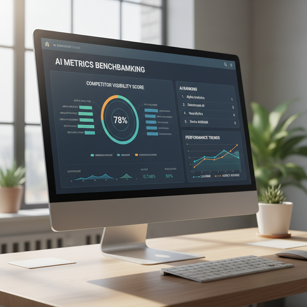 Digital dashboard displaying AI metrics benchmarking results with competitor visibility scores tracked across multiple AI search platforms