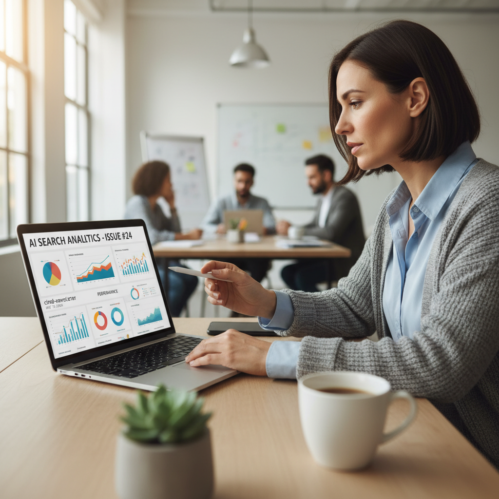Marketing director reviewing cited-newsletter AI search insights and competitive visibility data on a laptop screen