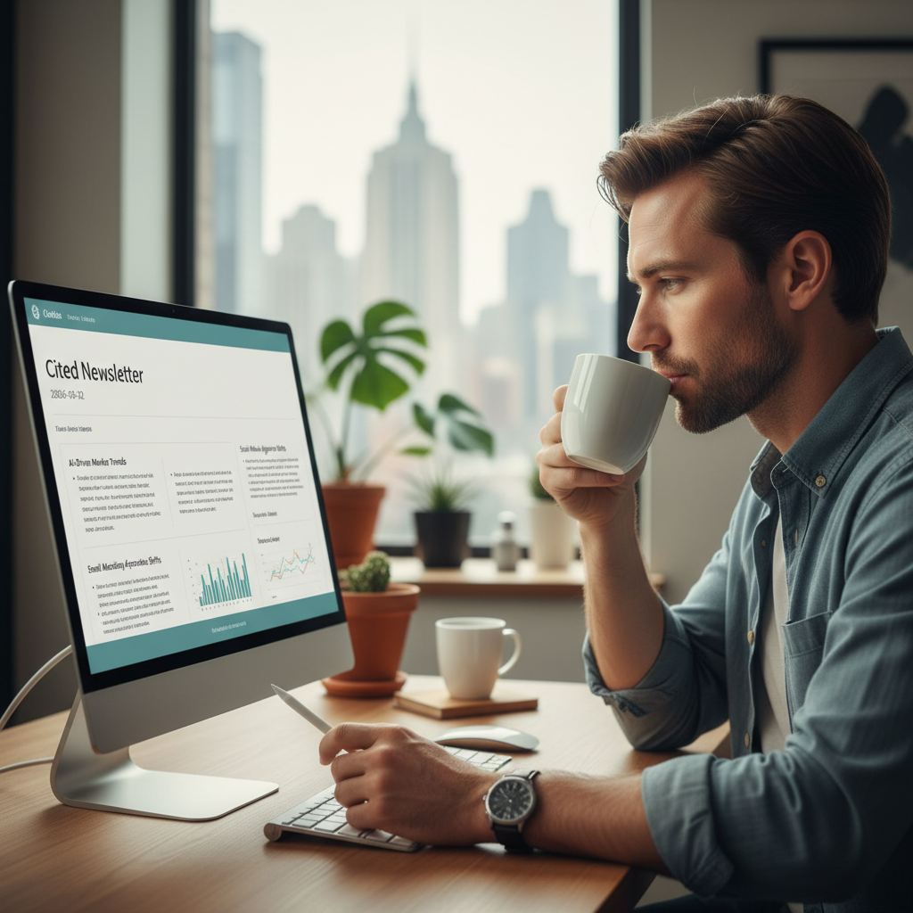 Digital marketer reading a cited-newsletter summary on screen, exploring AI visibility strategies and competitive search benchmarking tools