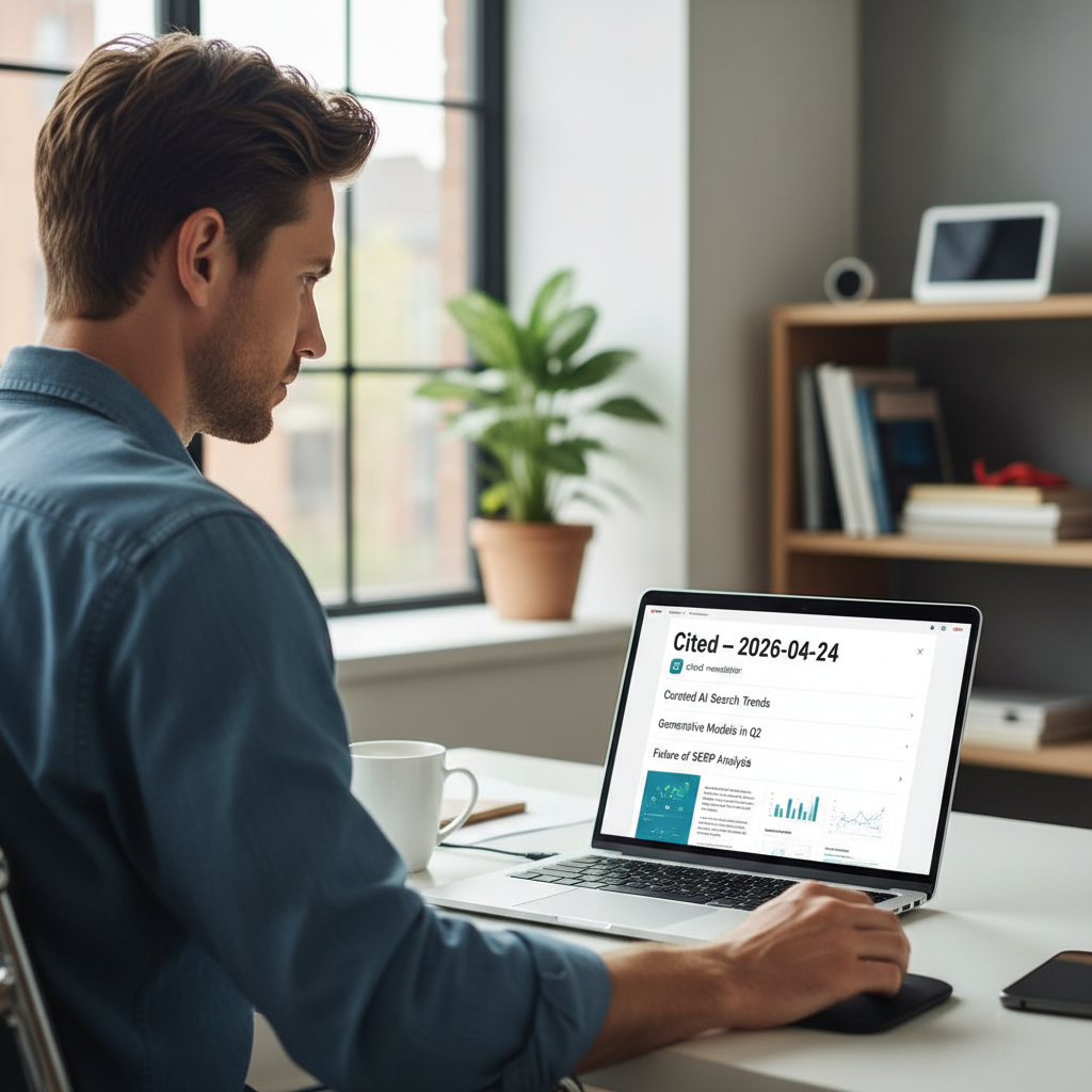 Marketing professional reviewing the cited-newsletter for AI search insights to improve brand visibility across platforms