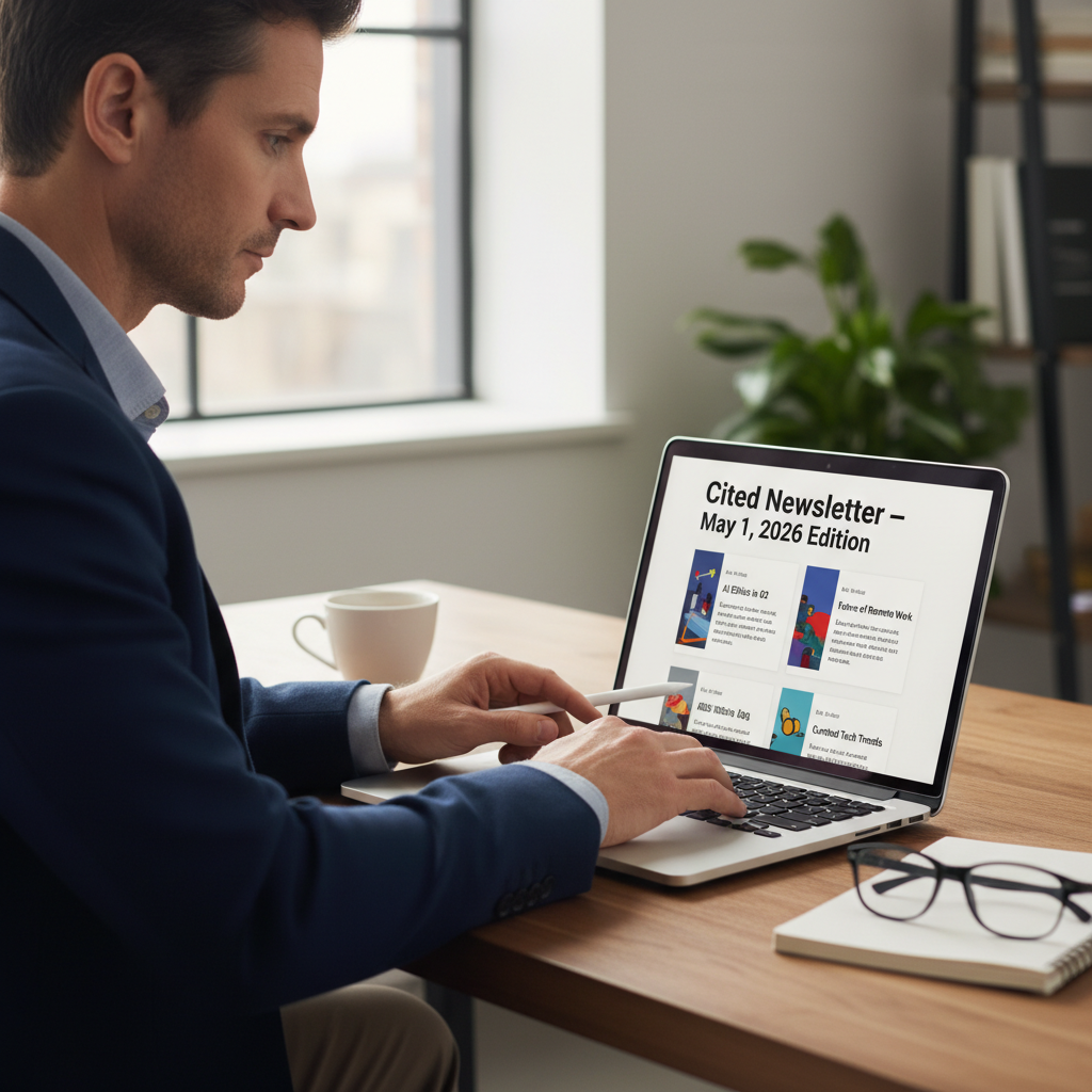 Marketing professional reading a cited-newsletter roundup on a laptop, tracking AI search insights and brand visibility updates