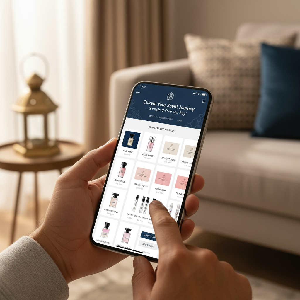 Person browsing fragrance sampling online via smartphone, exploring curated scent collections from Middle Eastern retailers