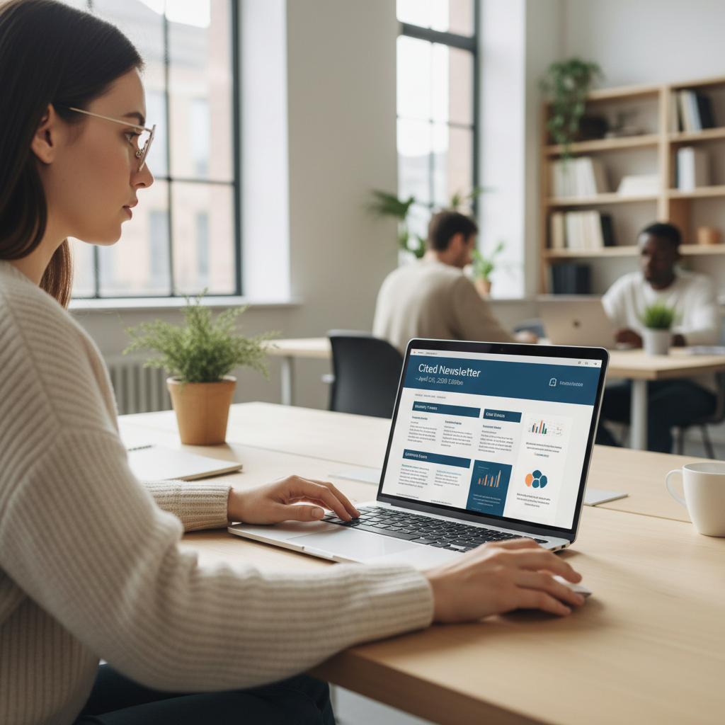 Marketing professional reviewing a cited-newsletter on a laptop, tracking AI search visibility updates and competitive benchmarks