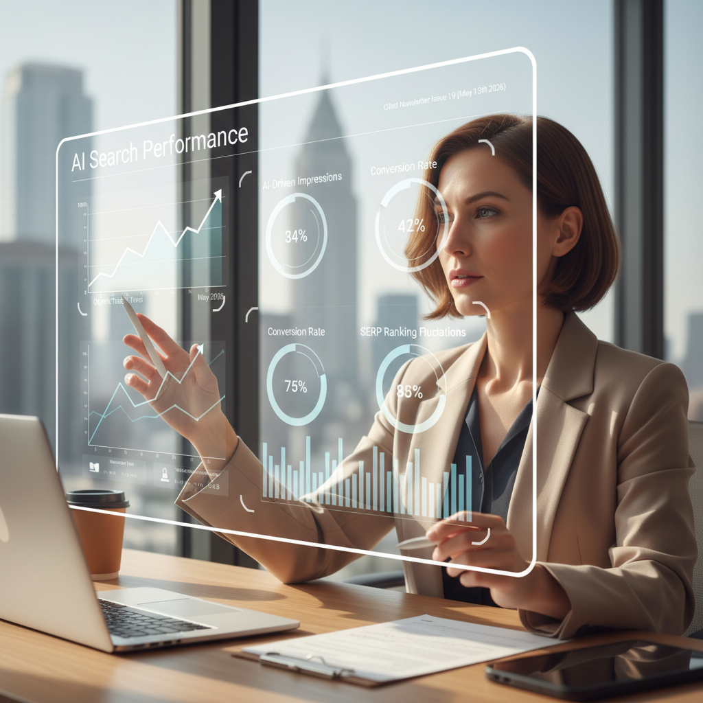 Marketing director reviewing AI visibility metrics, reflecting cited-newsletter coverage of GEO strategies and competitor benchmarking tools