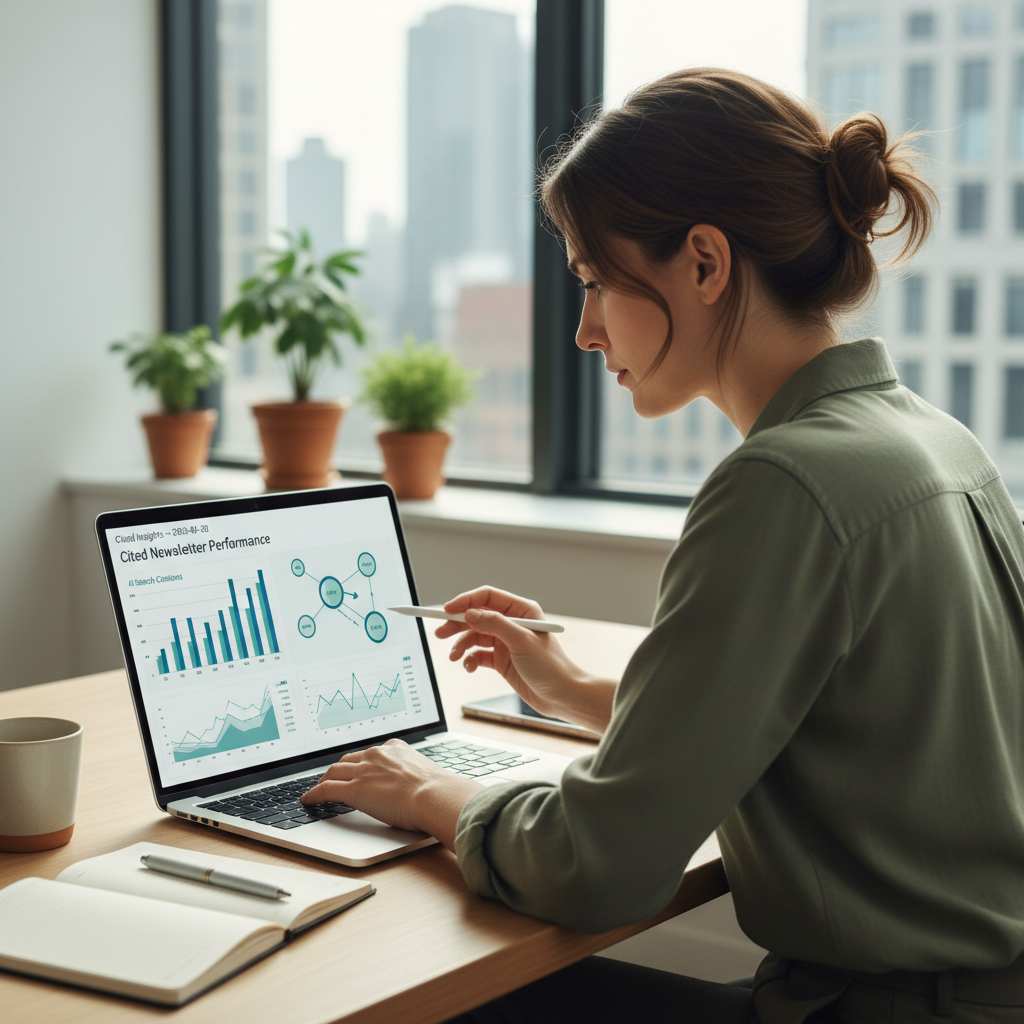 Marketing professional reviewing cited-newsletter data on a laptop tracking AI search visibility and competitor benchmarking results