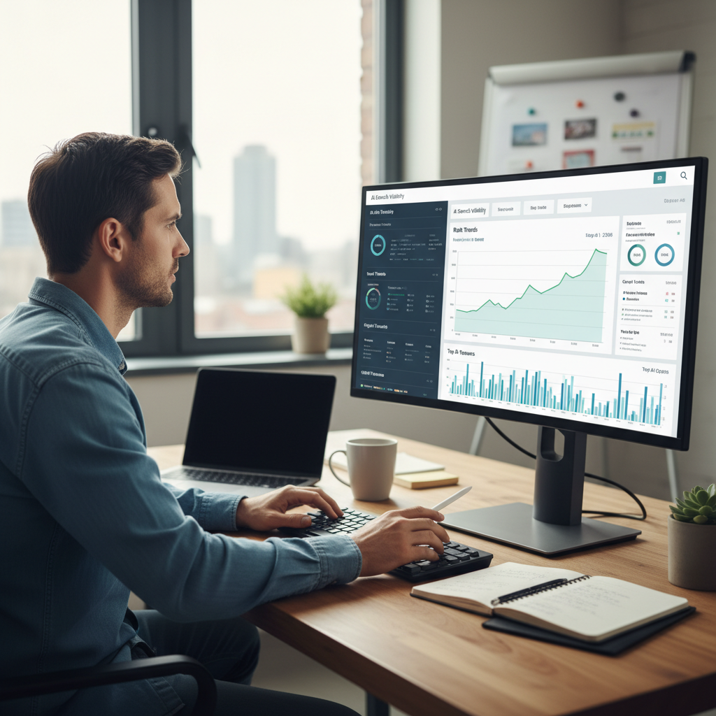 Marketing professional reviewing cited newsletter AI visibility data on a laptop, tracking search rankings across ChatGPT and Perplexity