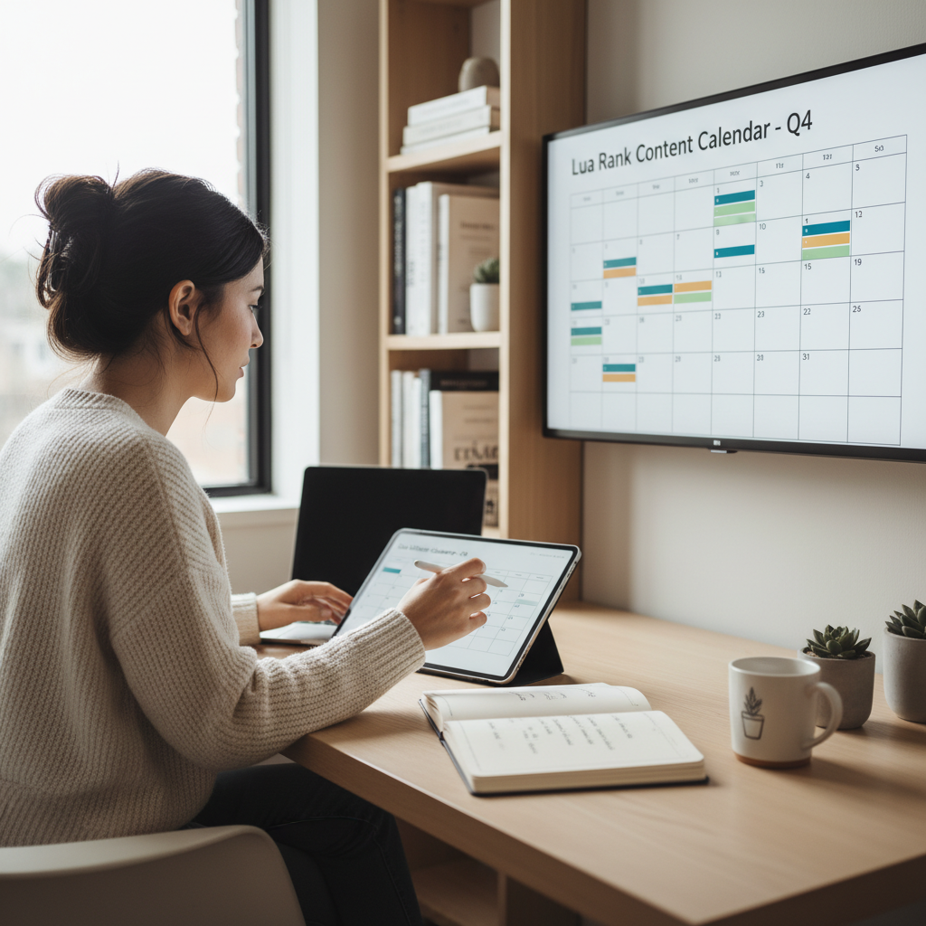 Marketing professional planning a startup blog strategy using a content calendar, surrounded by notes and a laptop screen