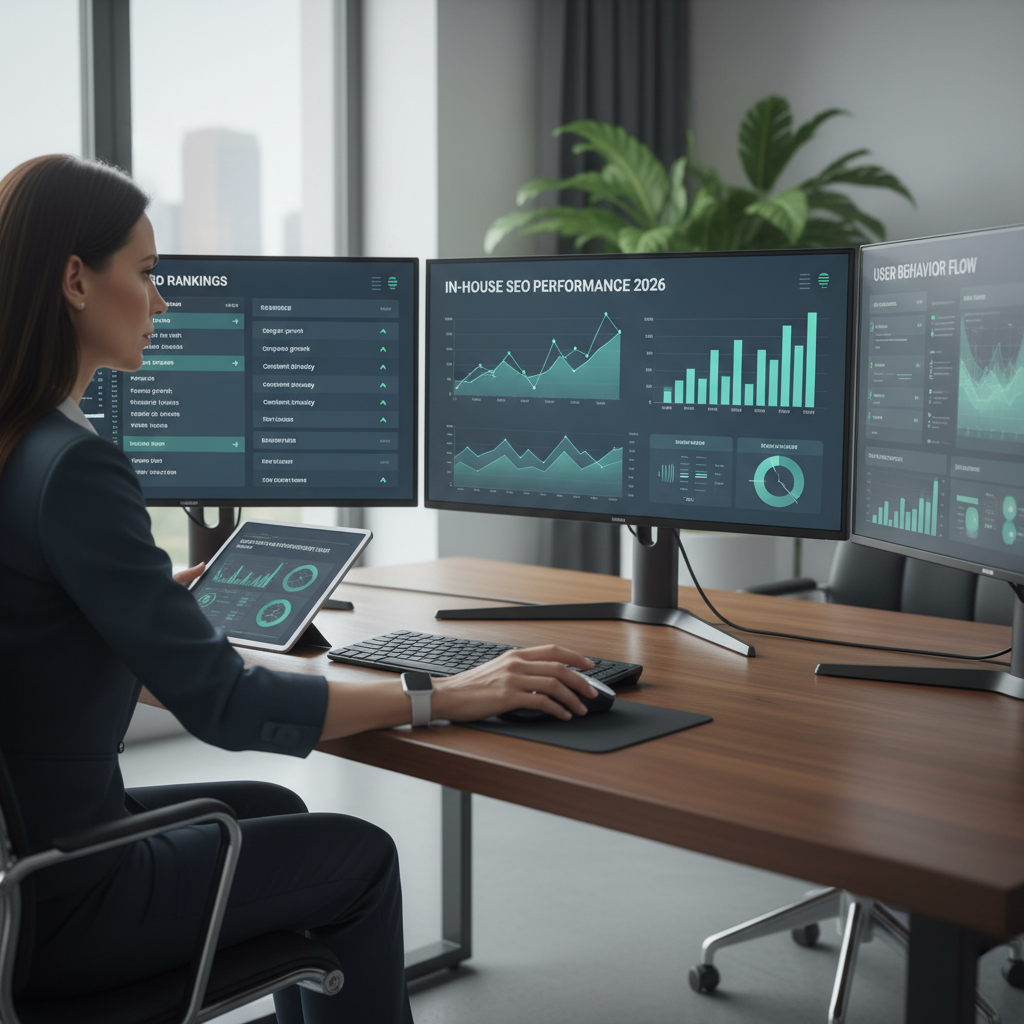 Digital marketer analyzing search performance data on multiple screens, reflecting the shift toward in-house SEO 2026 execution