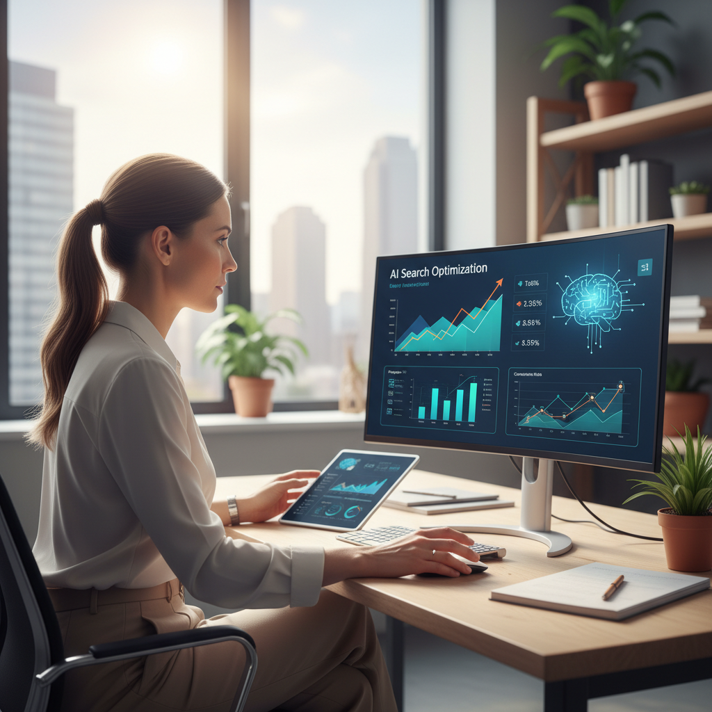 Marketing director reviewing Lua Rank features including 13-layer assessments, task scheduling, and competitor benchmarking on a laptop screen