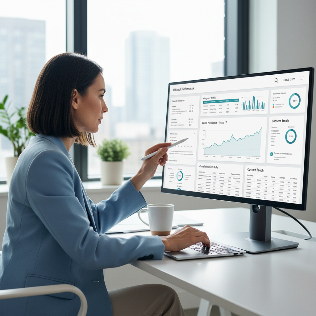 Marketing professional reviewing AI search performance metrics, as featured in the cited-newsletter for digital visibility strategies