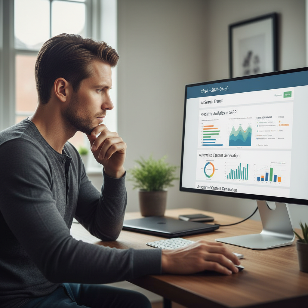 A marketing professional reviewing a cited-newsletter on a monitor, analysing AI search trends and visibility strategy updates