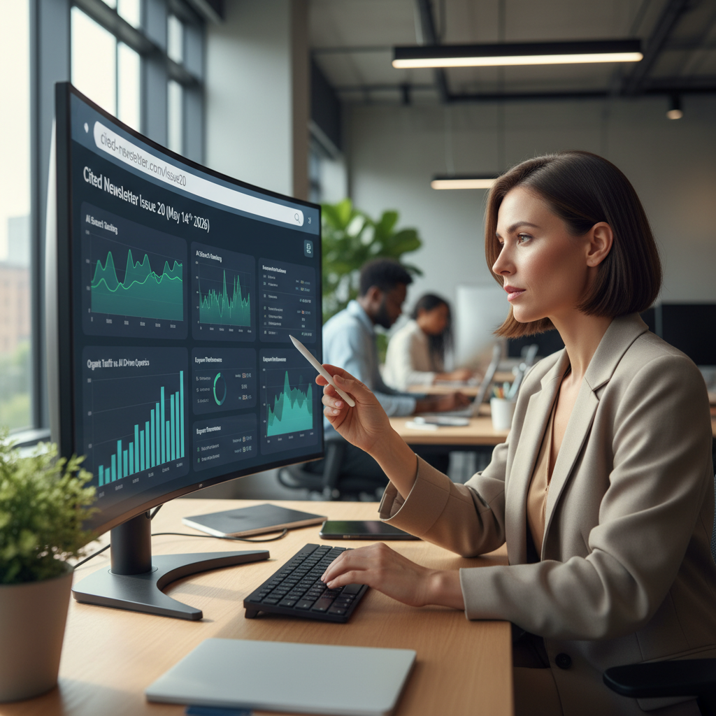 Marketing director reviewing AI search rankings dashboard, featured in the cited-newsletter covering GEO strategies for mid-market brands