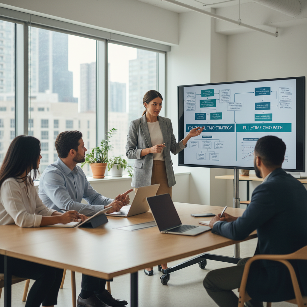 A marketing executive presenting a growth strategy, illustrating the fractional CMO vs full-time CMO decision for scaling startups and businesses