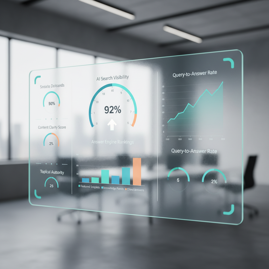 Digital analytics dashboard displaying AI search rankings, helping marketers optimize content for answer engines across platforms like ChatGPT