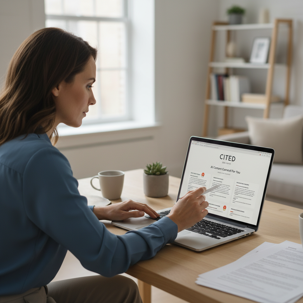 Marketing professional reviewing curated AI search content on a laptop, reflecting the cited-newsletter approach to staying informed on GEO trends