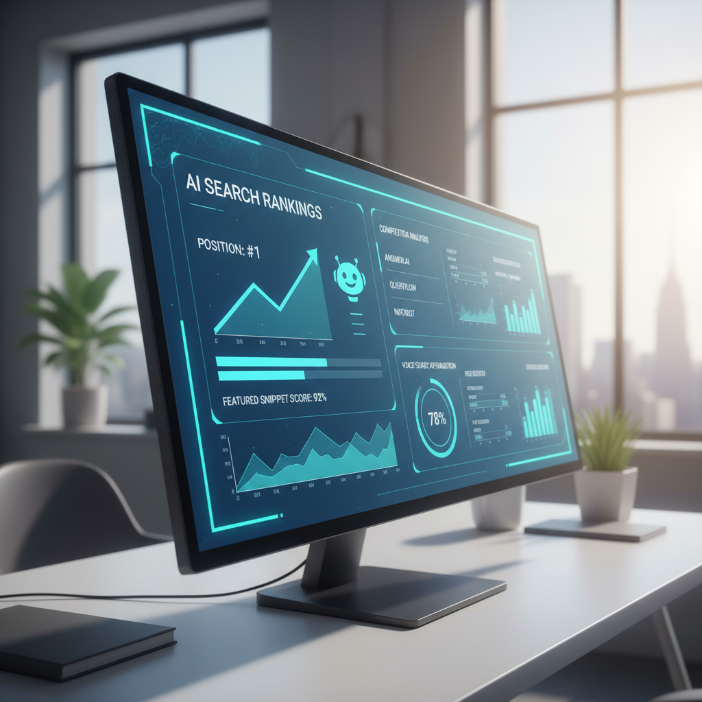 Digital dashboard displaying answer engine optimization considerations including AI search rankings, visibility scores, and competitor benchmarking data