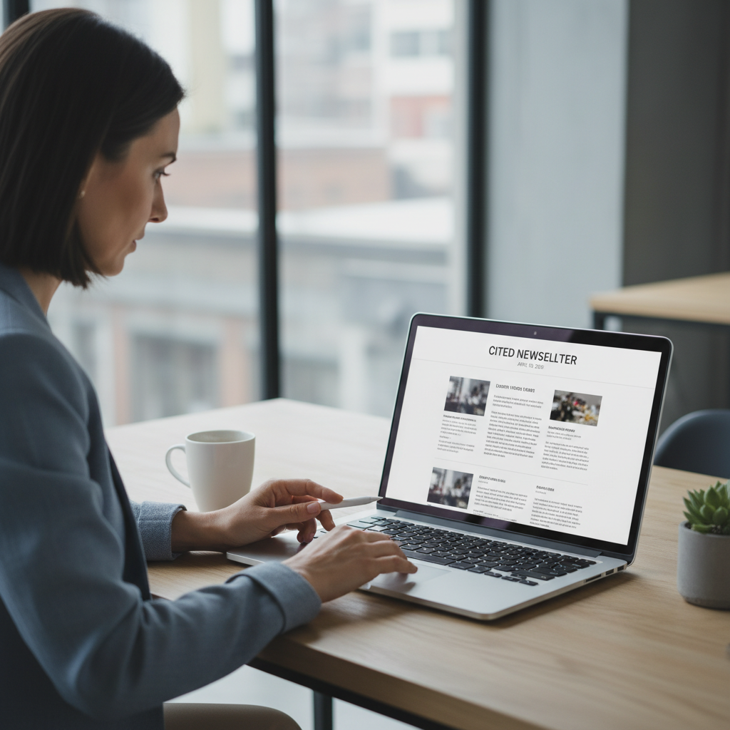 Marketing professional reading a cited-newsletter on a laptop, tracking AI search visibility updates and competitor benchmarks