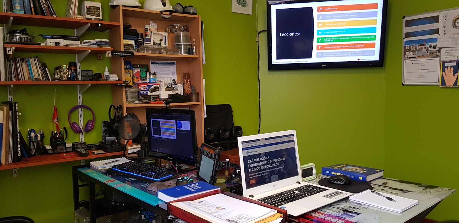 Clean workspace showing AI content automation tools, analytics dashboards, and automated publishing systems for efficient content marketing