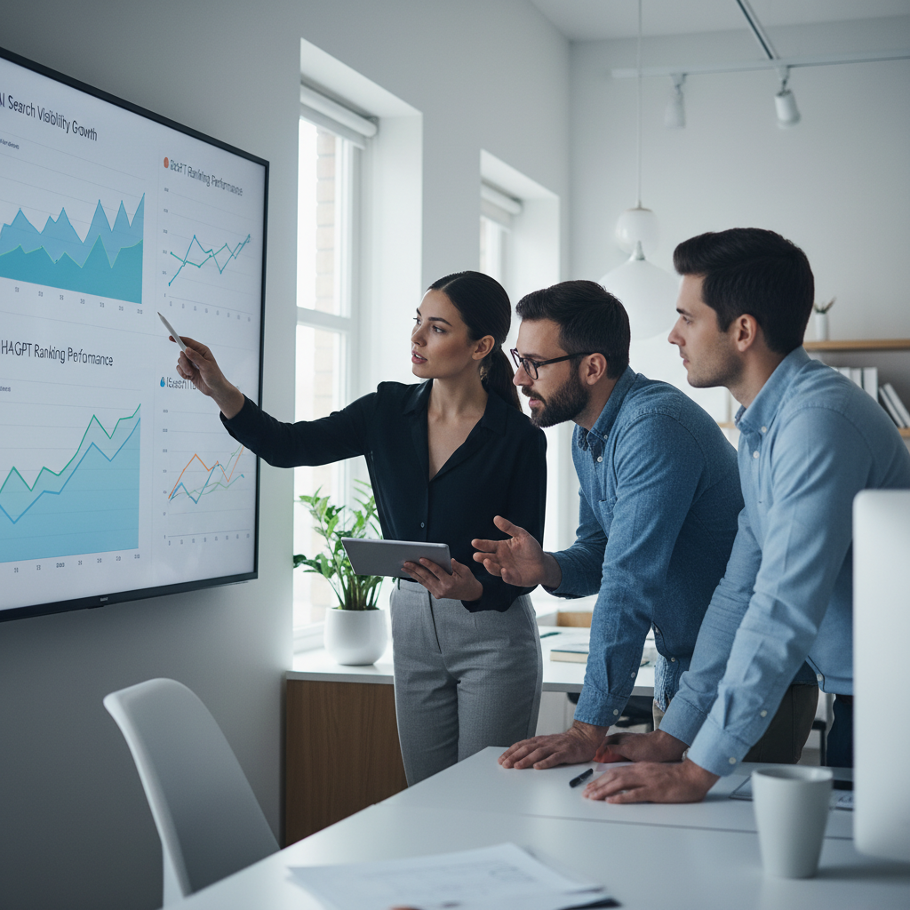 Marketing team analyzing AI search growth charts, using a ChatGPT ranking service to monitor competitor benchmarking and visibility progress