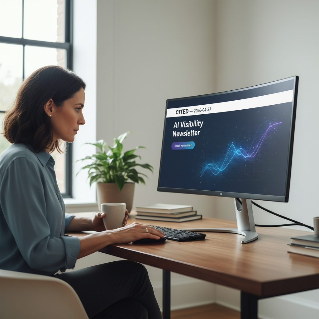 Marketing professional reviewing a cited-newsletter summary on screen, tracking AI search visibility trends and competitor benchmarking updates
