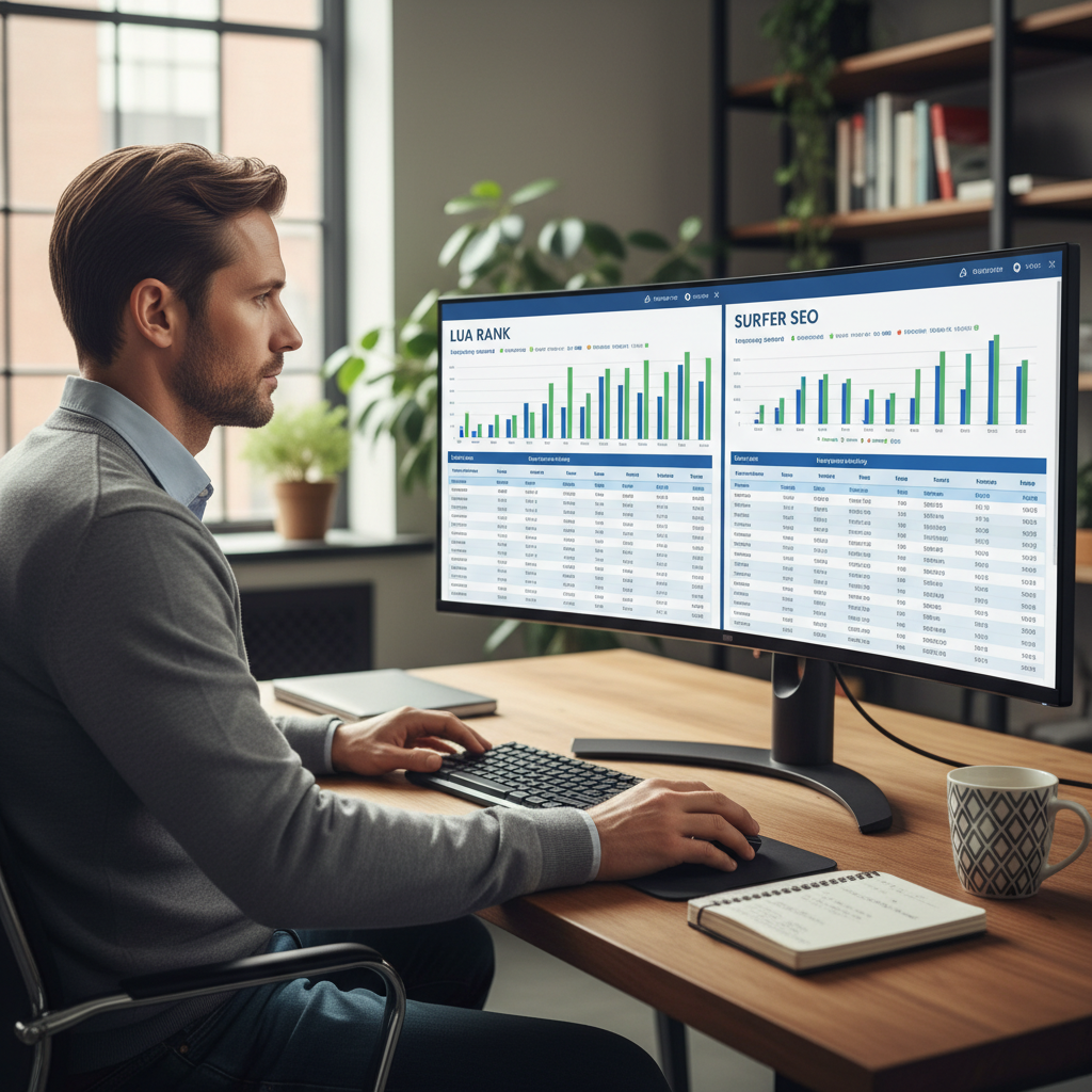 Marketing professional analysing rankings data, weighing Lua Rank vs Surfer SEO to decide which tool drives better results