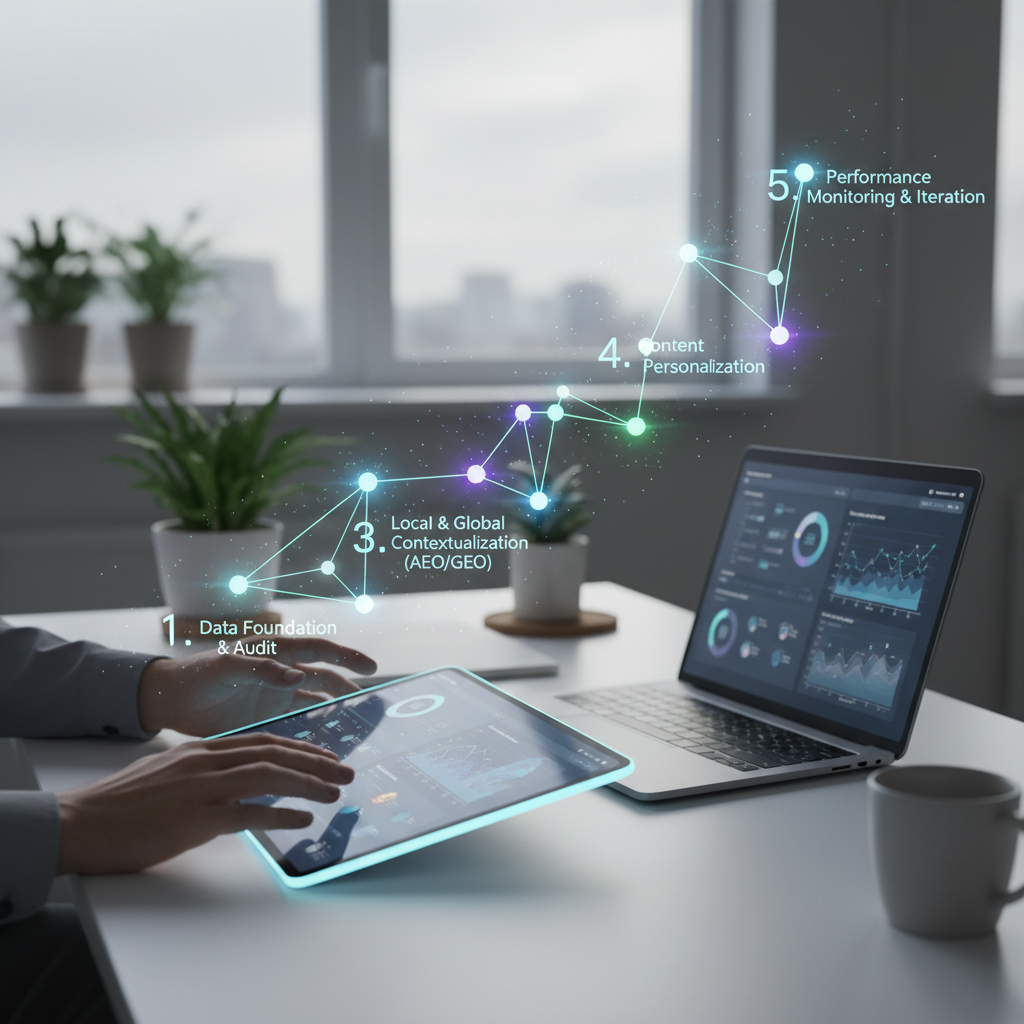 Step-by-step digital roadmap illustrating AEO and GEO strategy implementation across AI search platforms and channels