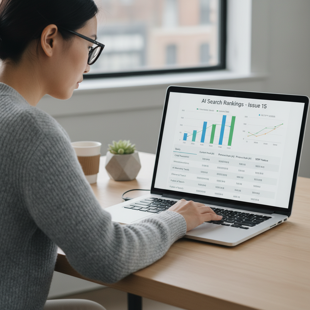 Marketing director reviewing cited-newsletter AI search ranking data on a laptop to benchmark brand visibility against competitors