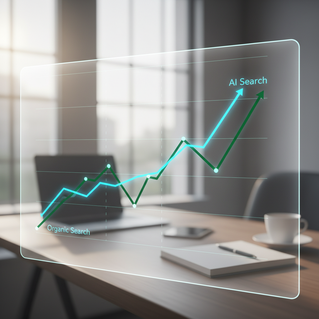 Upward trending graph illustrating a search traffic strategy combining organic Google results and AI search visibility growth