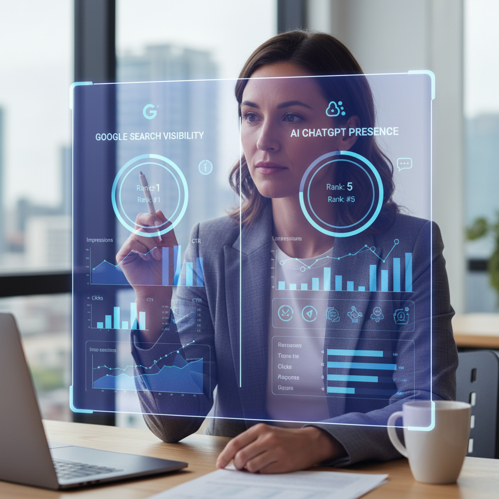 Marketing professional reviewing a search visibility dashboard tracking dual search ranking performance across Google and AI search platforms