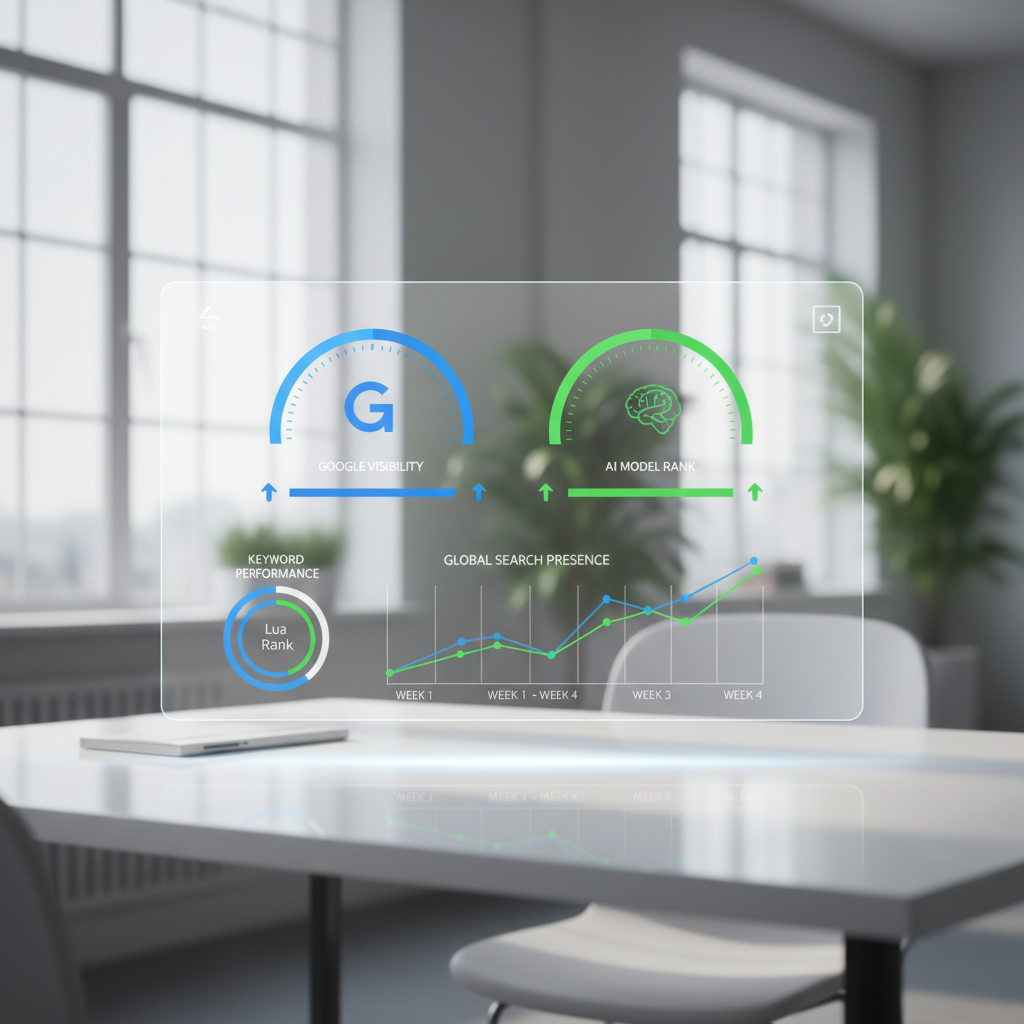 Analytics dashboard displaying dual search ranking performance across Google and AI platforms like ChatGPT and Perplexity