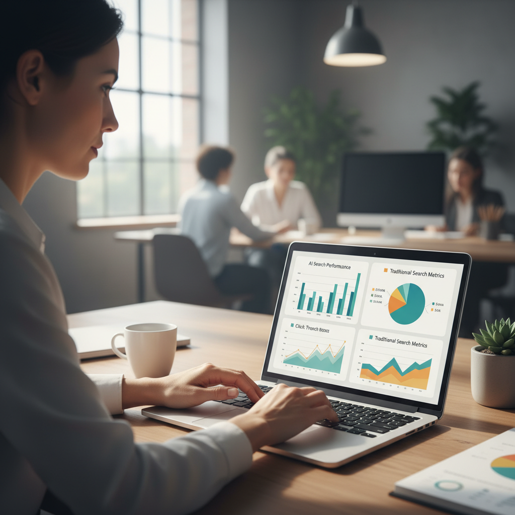 Marketing professional reviewing search visibility analytics on a laptop, weighing AI search vs traditional search channel performance